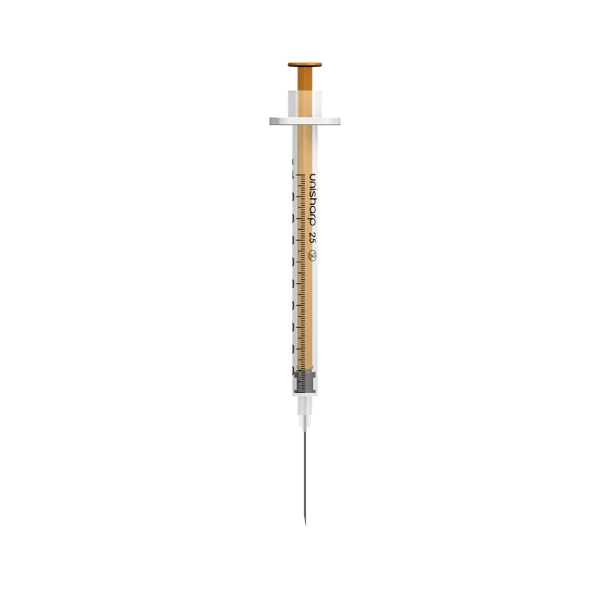 Unisharp 1ml 25G 25mm (1 inch) orange fixed needle low dead space syringe