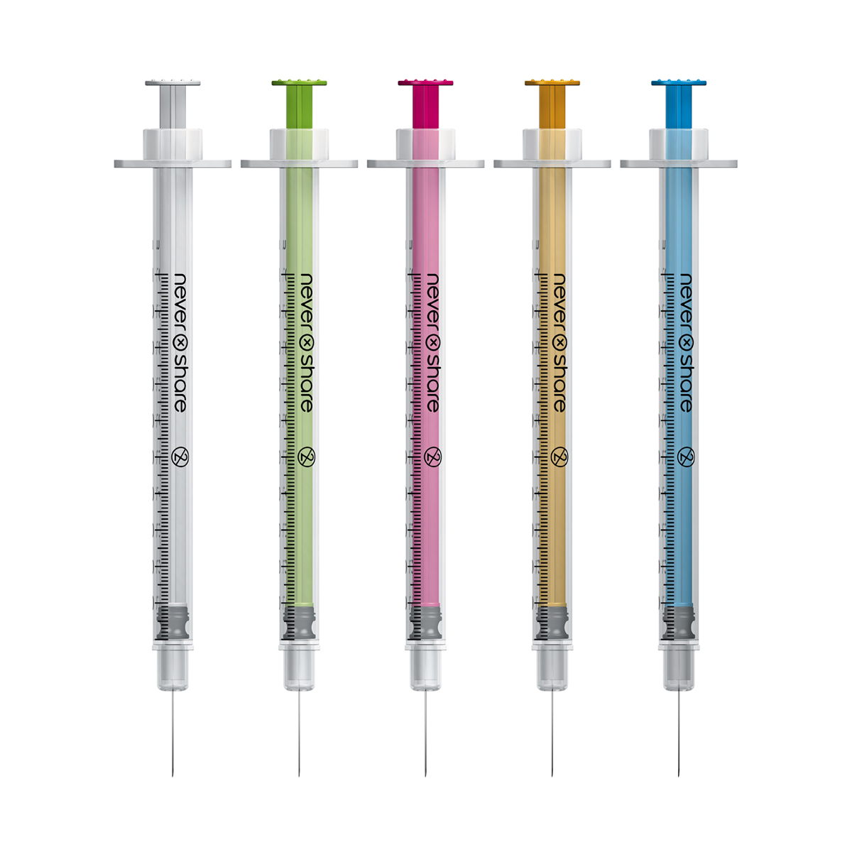 Nevershare 1ml 30G fixed needle syringe: mixed colours (discontinued, see below)