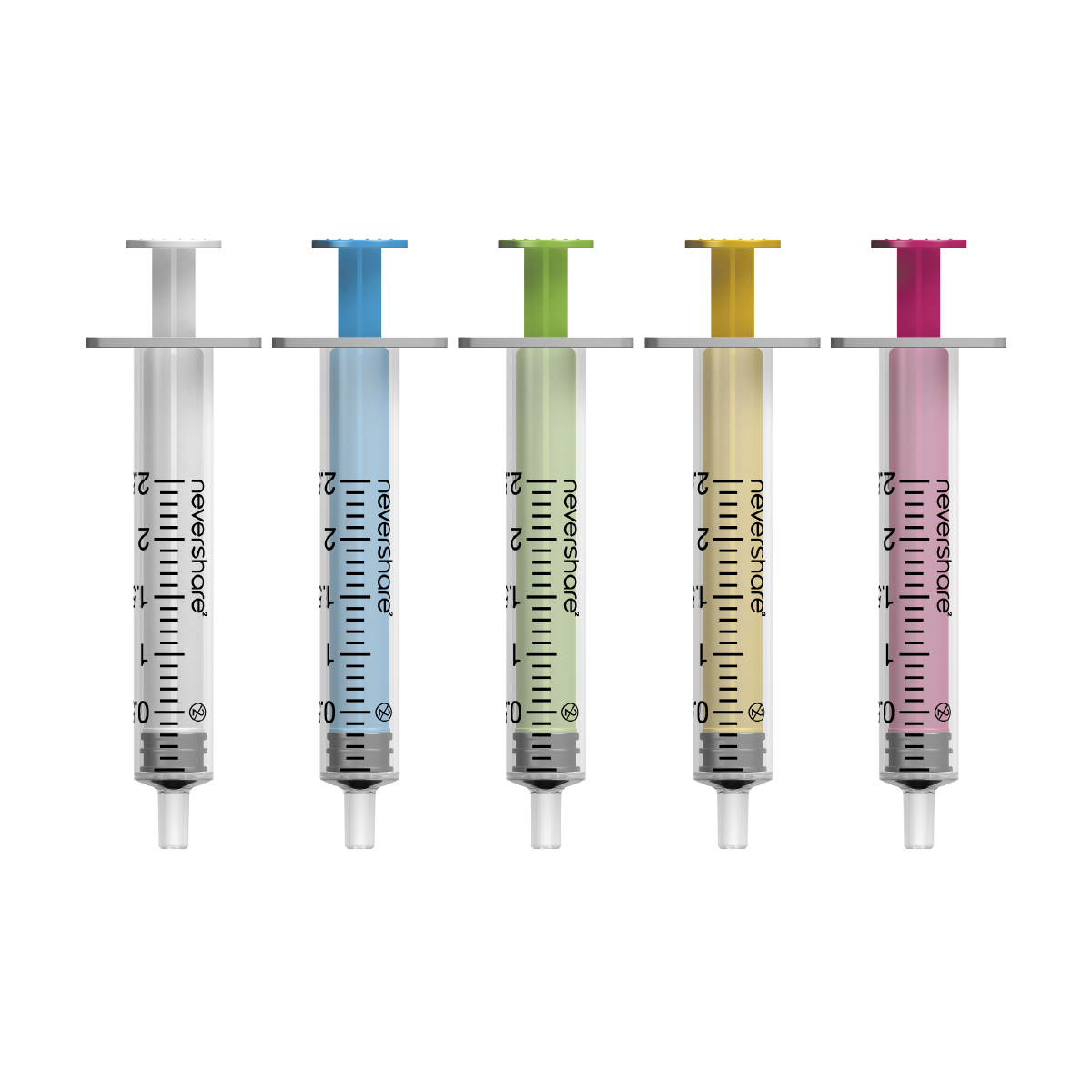 2ml Nevershare Syringe: mixed colours (luer slip)