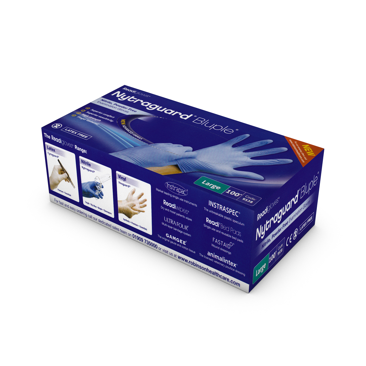 Bluple Nytraguard medical gloves. size: Large. Box of 100 (temp out of stock)