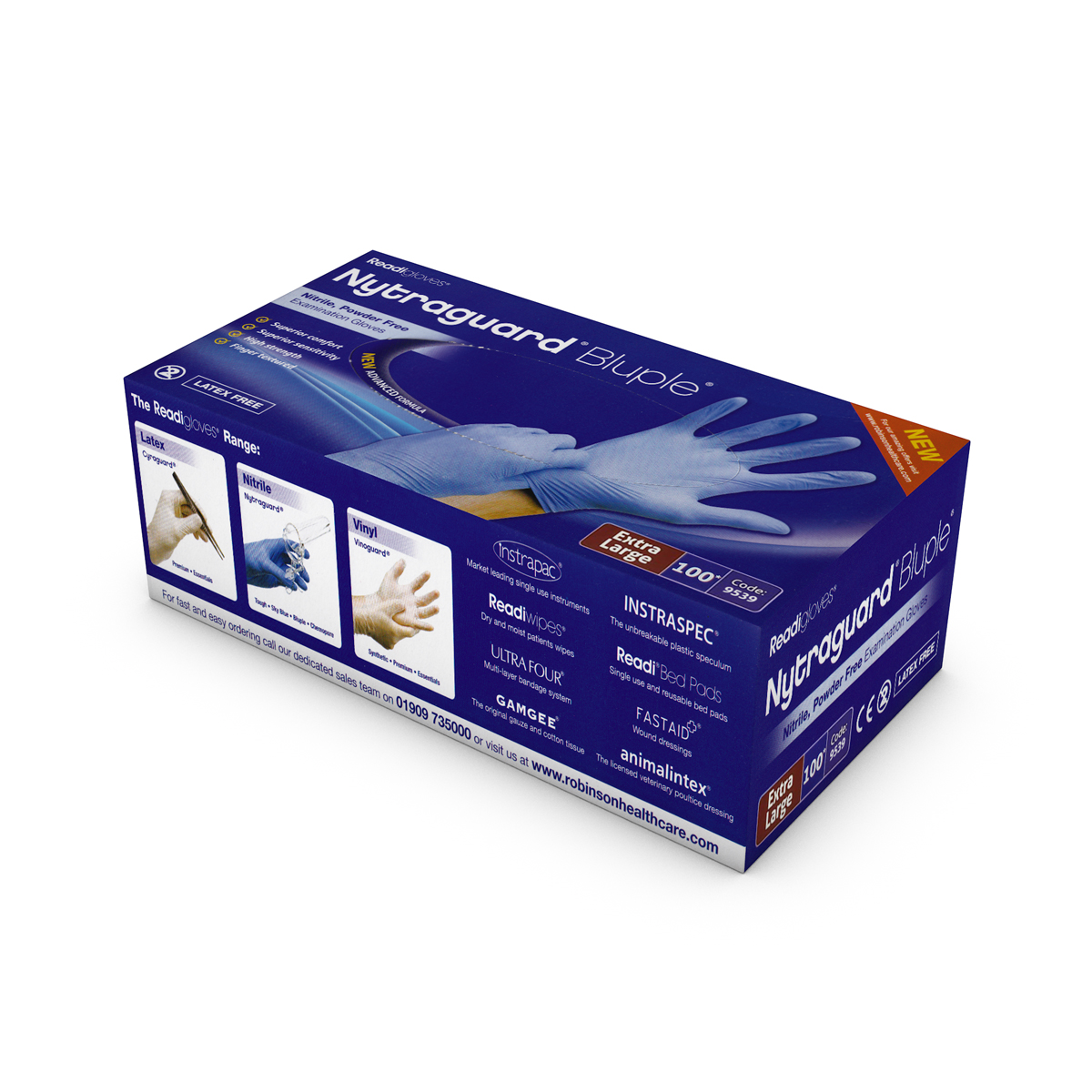 Bluple Nytraguard medical gloves. size: X large. Box of 100 (temp out of stock)