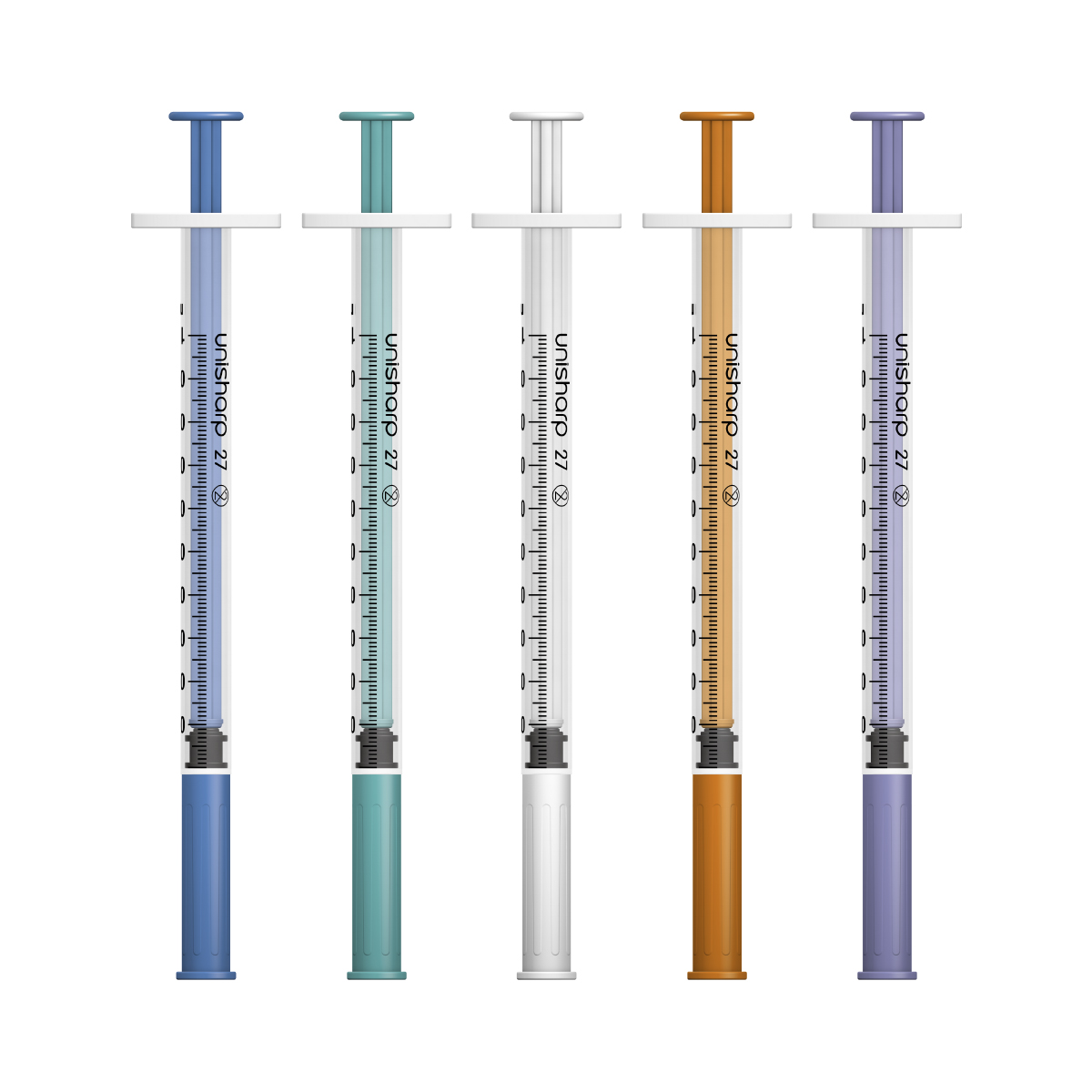 Unisharp 1ml 27G fixed needle syringe: mixed colours