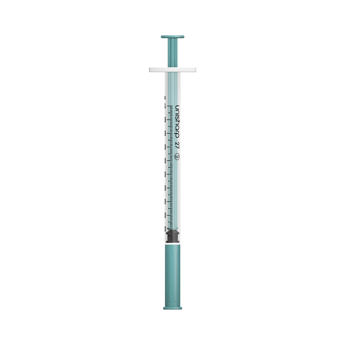 Unisharp 1ml 27G fixed needle syringe: Teal Green