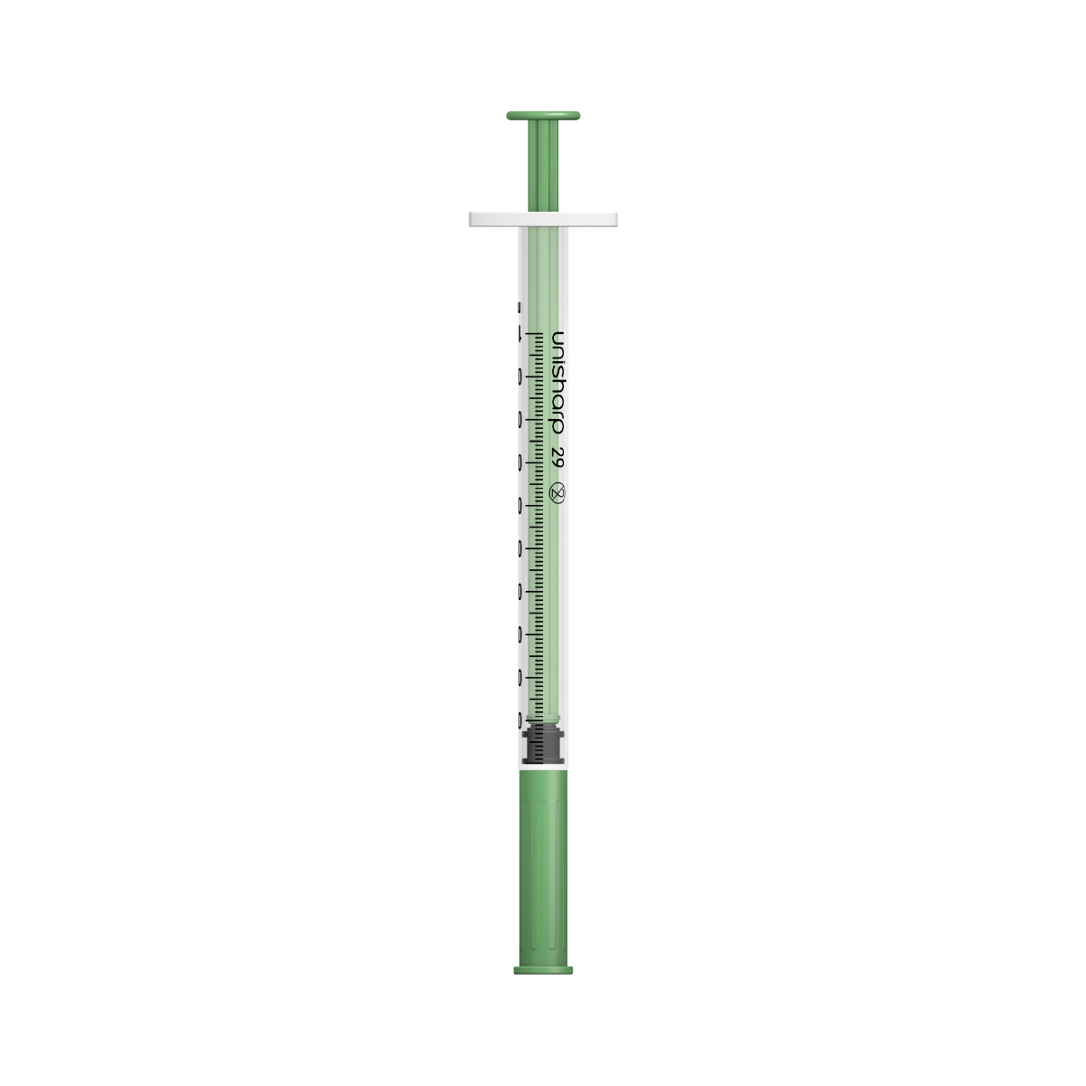 Unisharp 1ml 29G fixed needle syringe: green