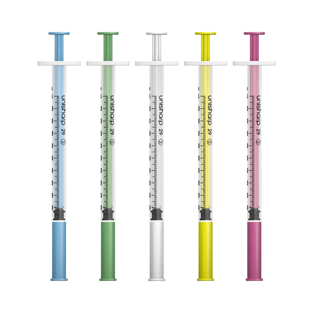 Unisharp 1ml 29G fixed needle syringe: mixed colours