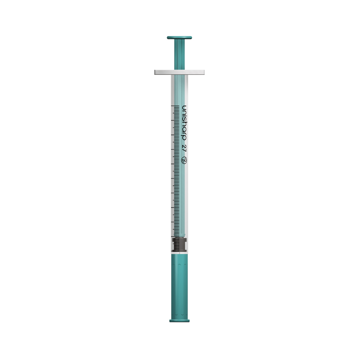 Unisharp 1ml 27G fixed needle syringe: Teal Green