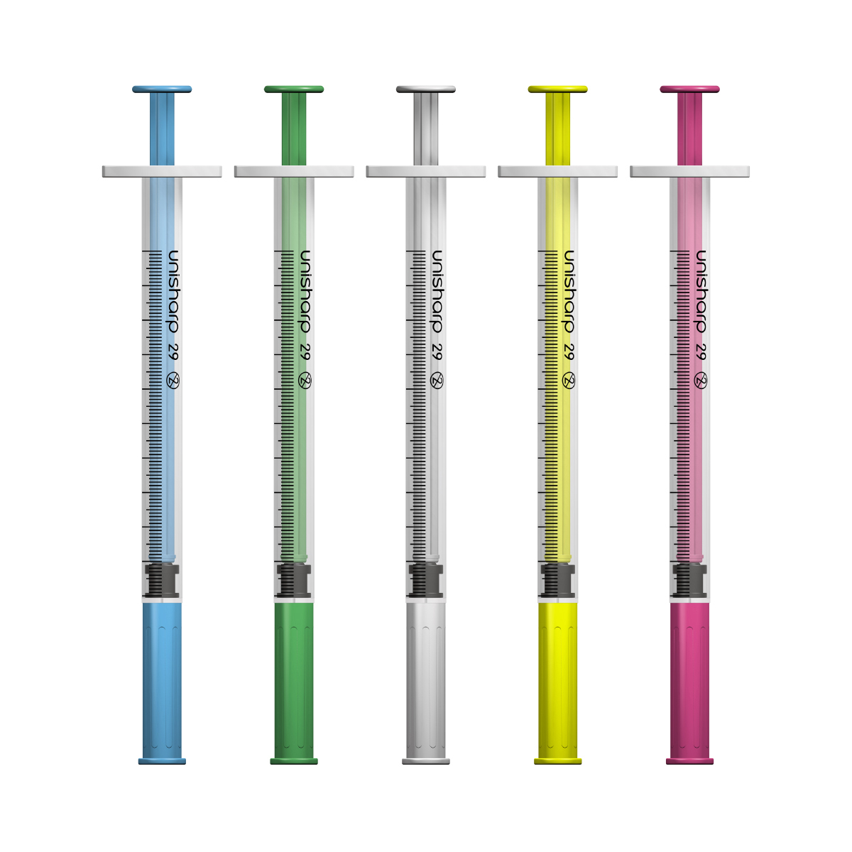 Unisharp 1ml 29G fixed needle syringe: mixed colours